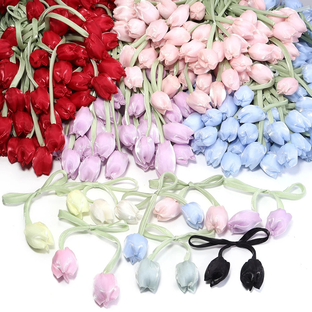 5pcs/lot Colorful Tulip Bow Flowers Patches 3D Flower Handmade Fabric Pillows