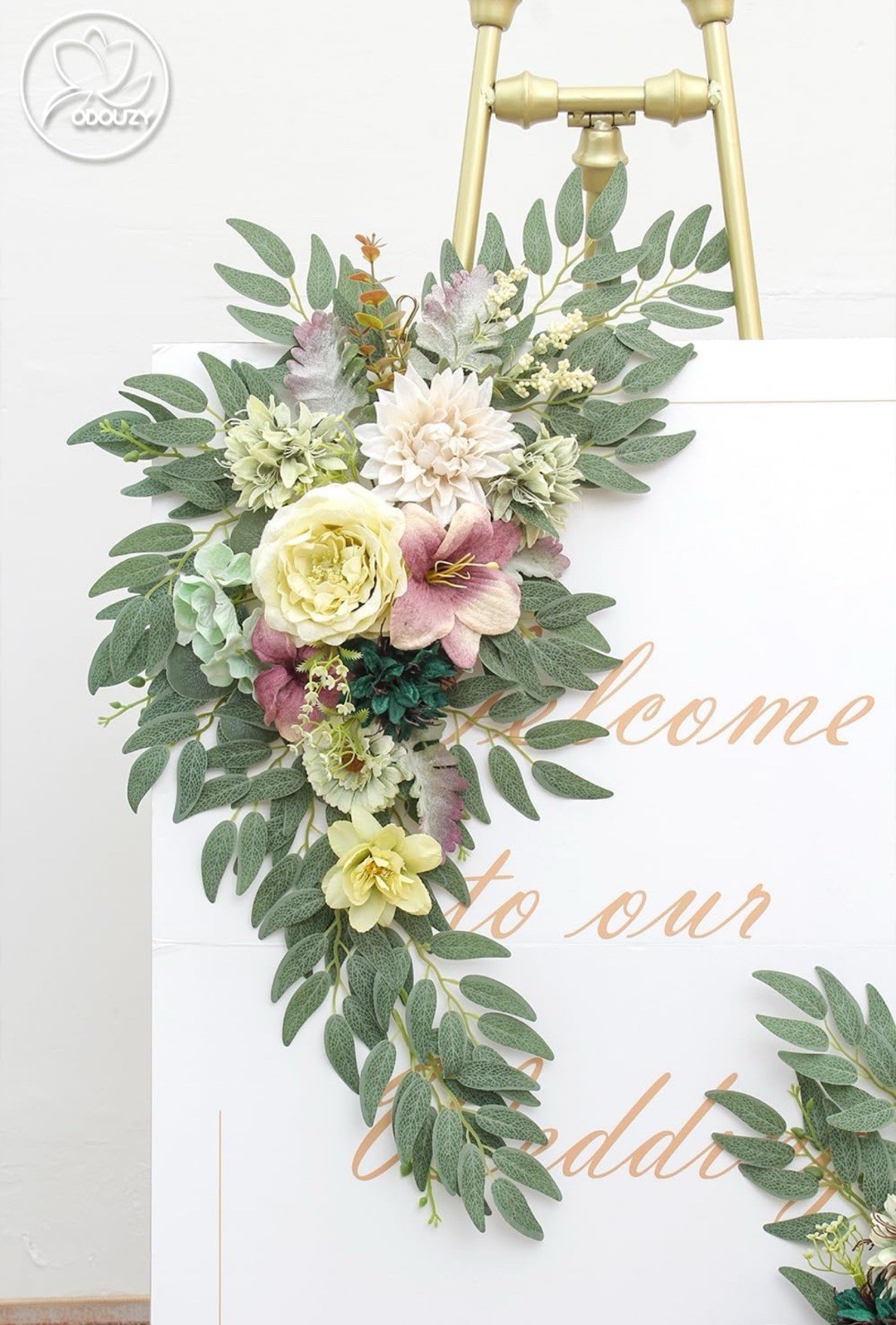 2Pc Wedding Arch Flowers White Ivory Peony Eucalyptus Floral Welcome Sign Decor