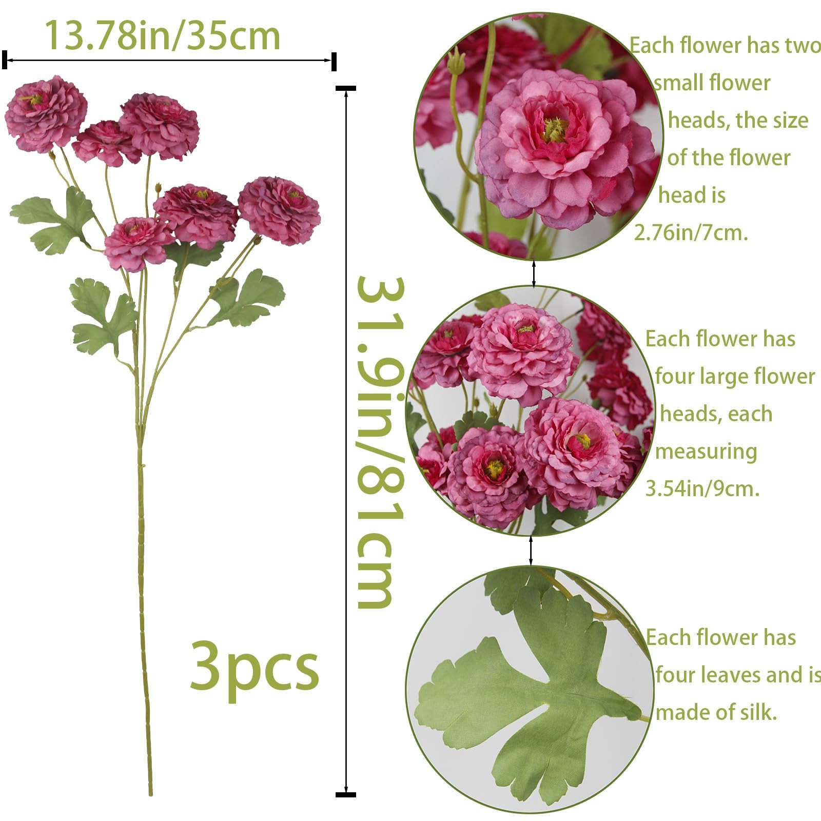 3 Pcs Artificial Flowers Spring Summer Rose Red Zinnia Silk Flowers with Long…