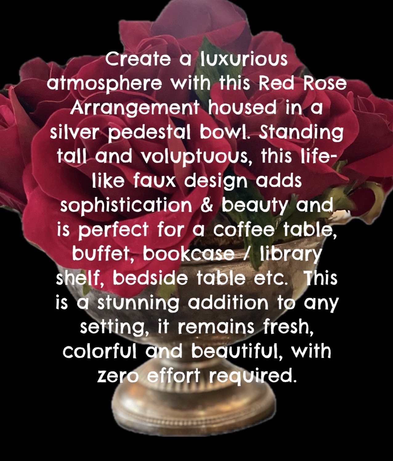 Faux Red Rose Small Arrangement In Aged Silver Pedestal Urn