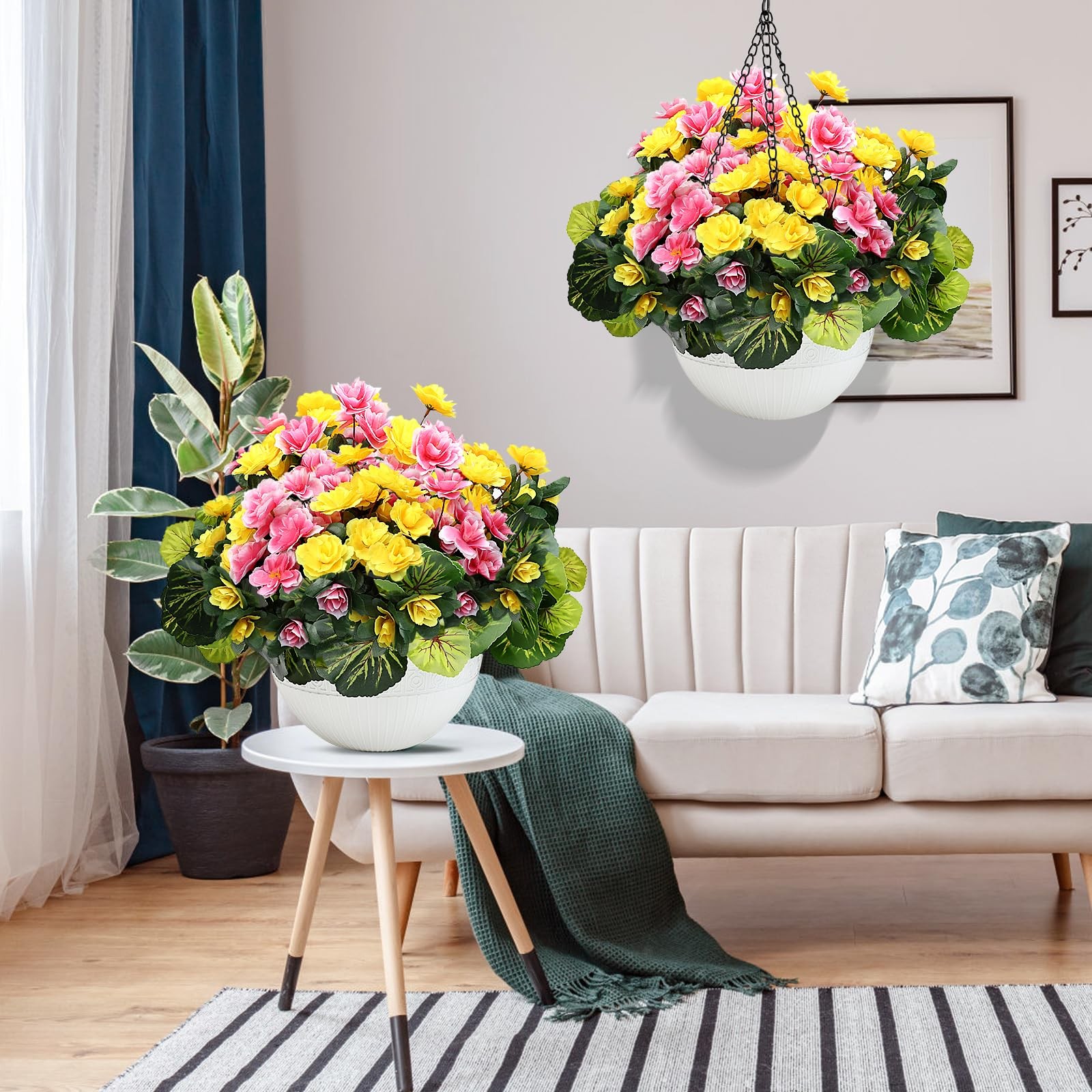 Set of 2 Artificial Flowers with Hanging Baskets Pre-Assembled Silk Fake Large