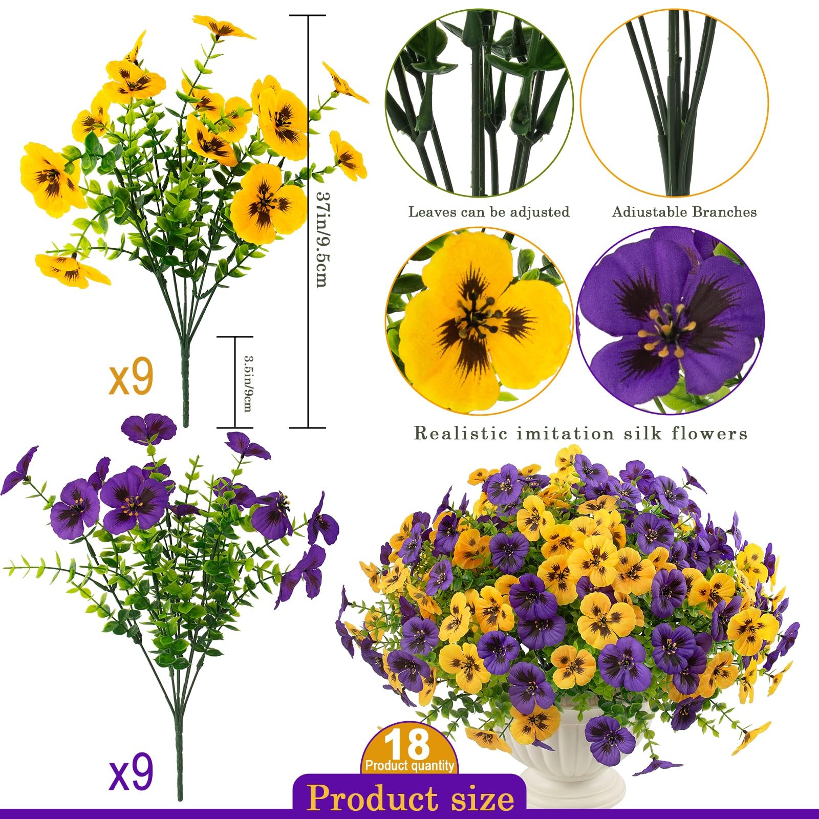 Artificial Pansy Flowers 18 Pcs Faux UV Resistant Silk for Outdoor Decor