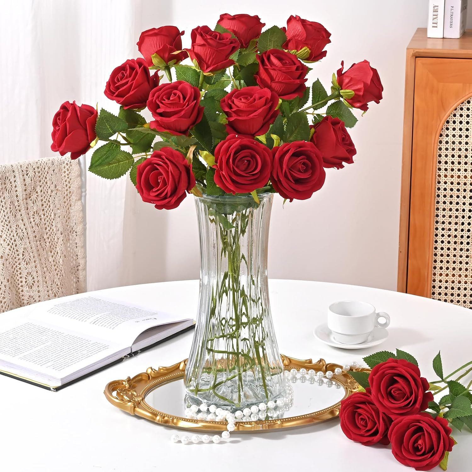 Red Roses Artificial Flowers Bulk, Real Touch Velvet Roses with Wrapping Paper,