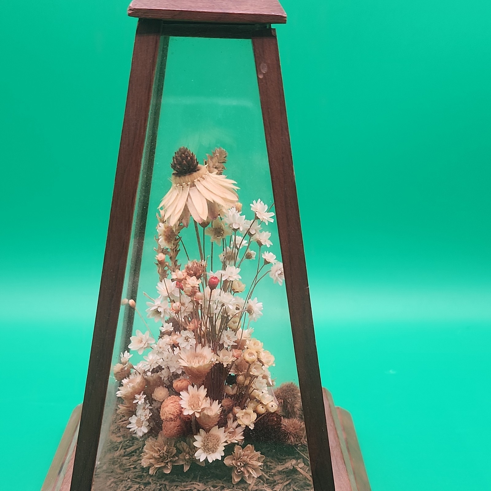 Vintage Dried Flowers With Butterfly 9” x6” Art obelisk glass box