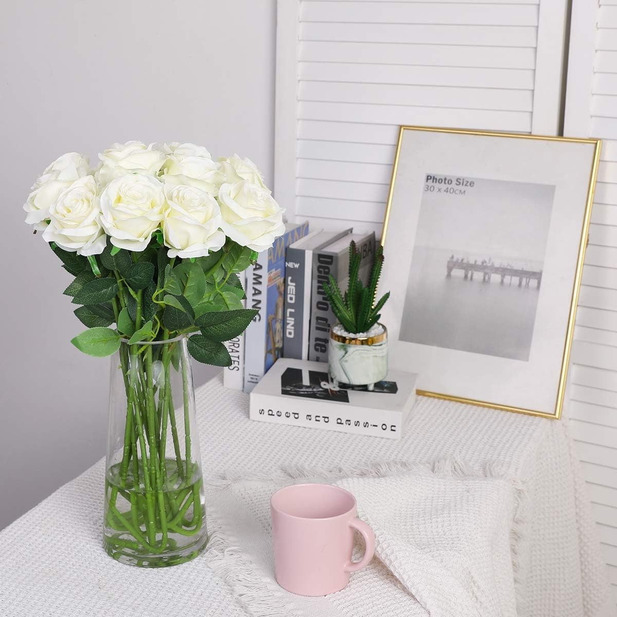 Artificial Silk Rose Flower Bouquet Lifelike White Fake Rose for Wedding Home…