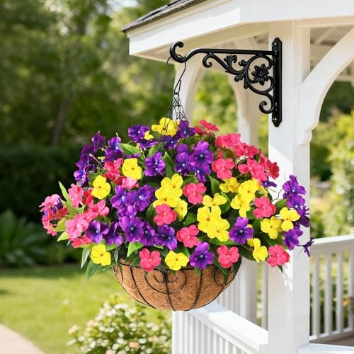 Artificial Impatiens Flowers for Outdoors, 6 Bundles Purple,yellow,pink
