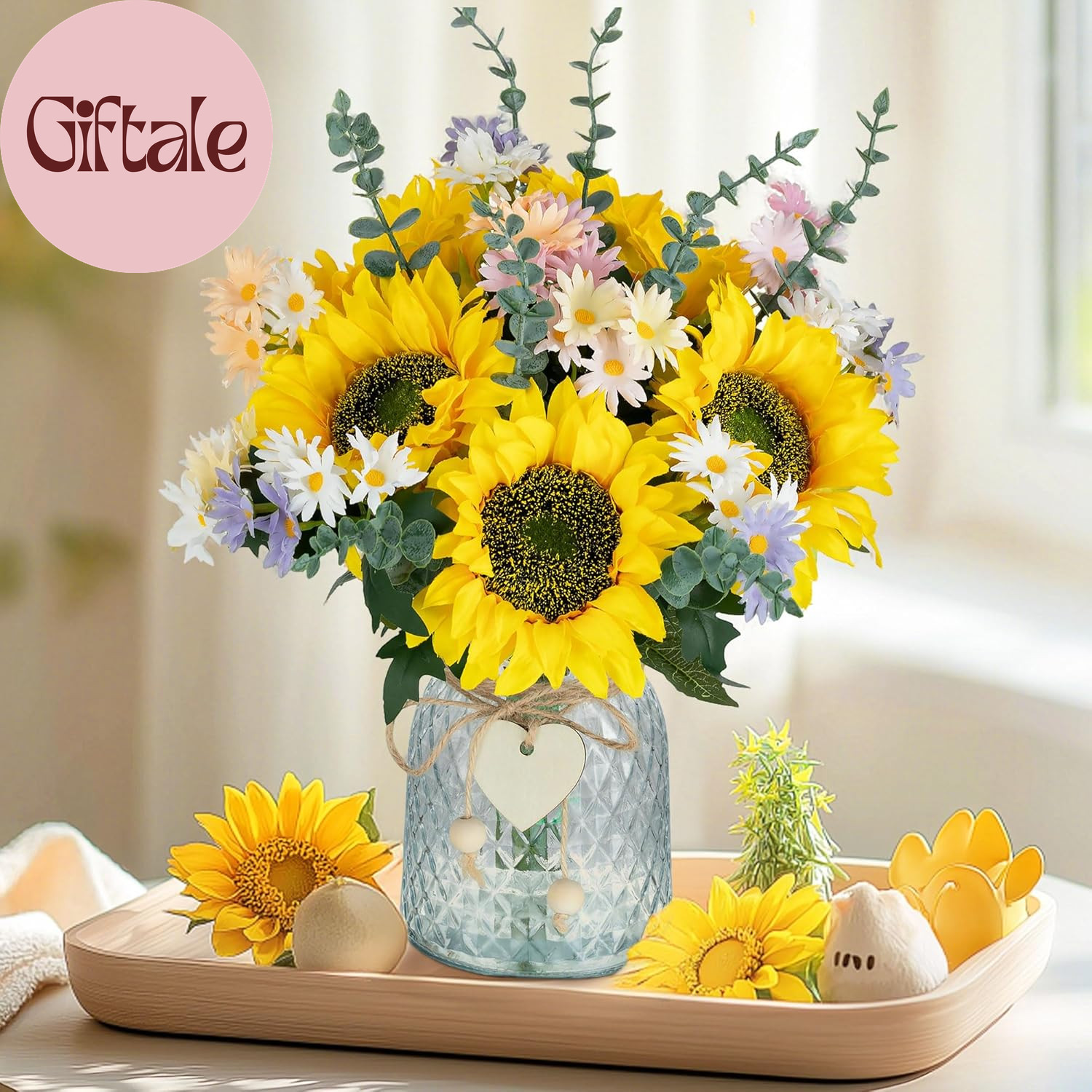 Sunflower Fake Flowers in Vase: Sunflowers Artificial Flowers with Vase for Tabl
