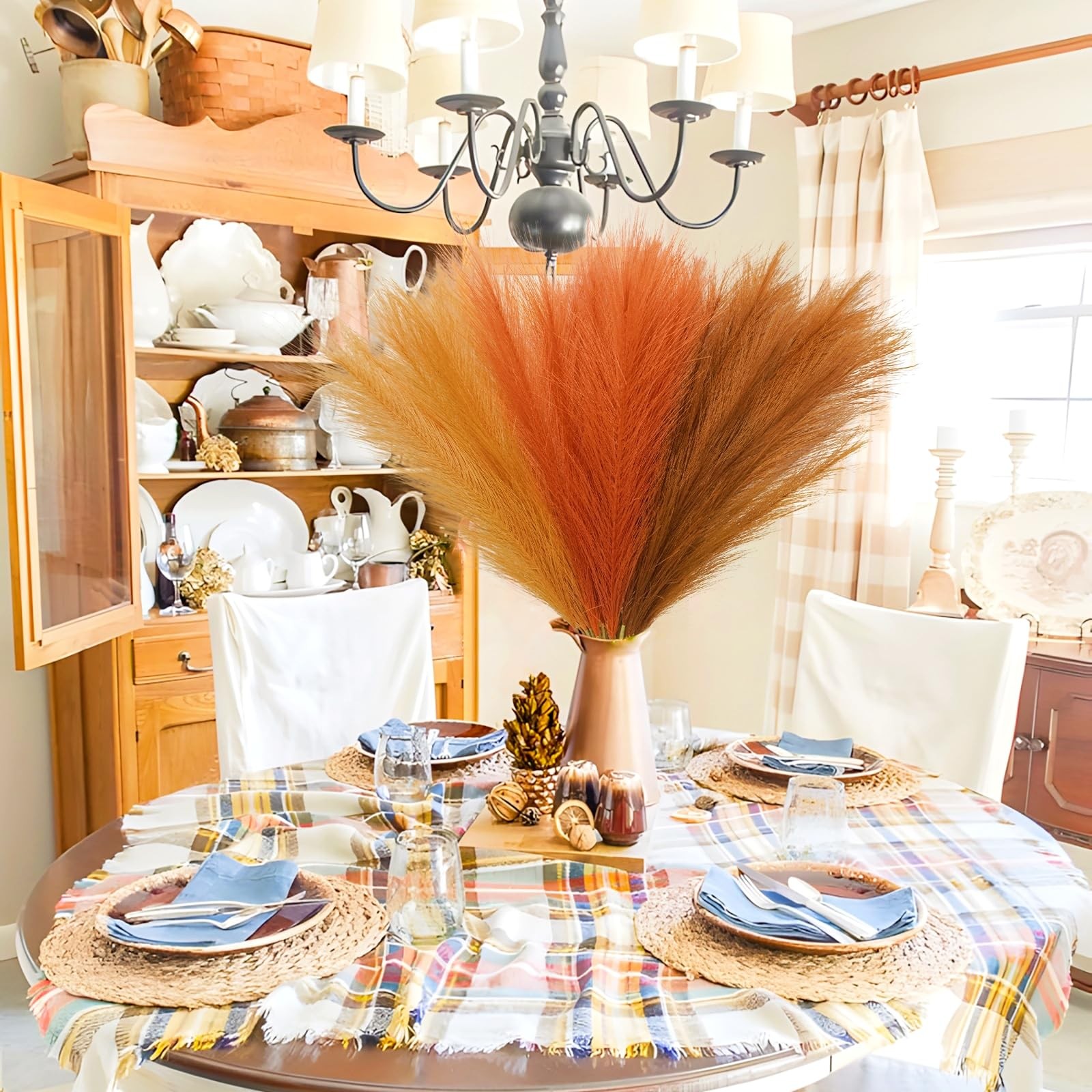 150pcs Orange Pampas Grass, 21.6in Fluffy Faux Colored Pompas Grass Short Art…