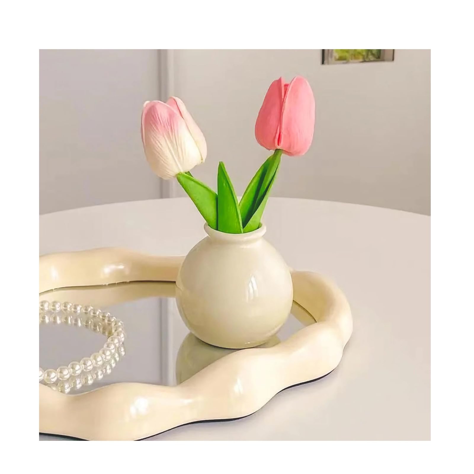 Artificial Tulip Flowers,Table White Ceramic Vase Pink Green Leaf Dried Flowe…