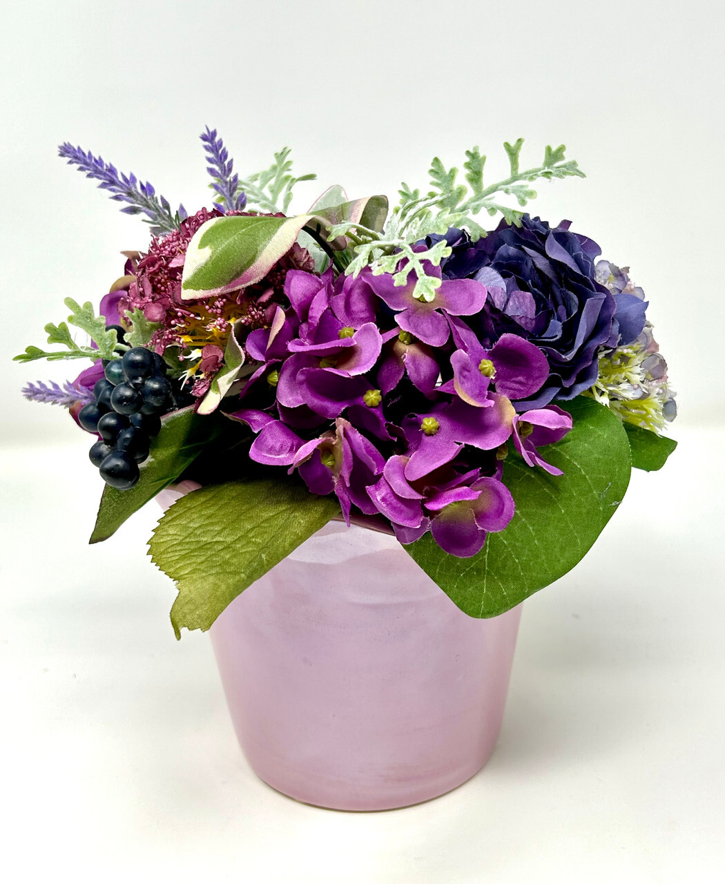 8″ Small Artificial PINK & PURPLE BOUQUET faux Silk flowers potted in VINTAGE Pi