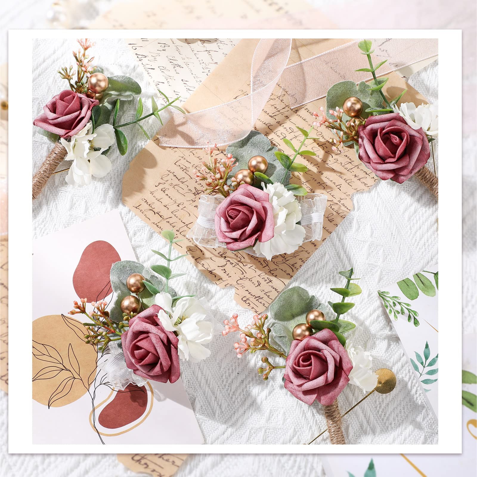12 PCS Dusty Rose Wrist Corsage Boutonniere Set Wedding Prom Flower Suit Decor