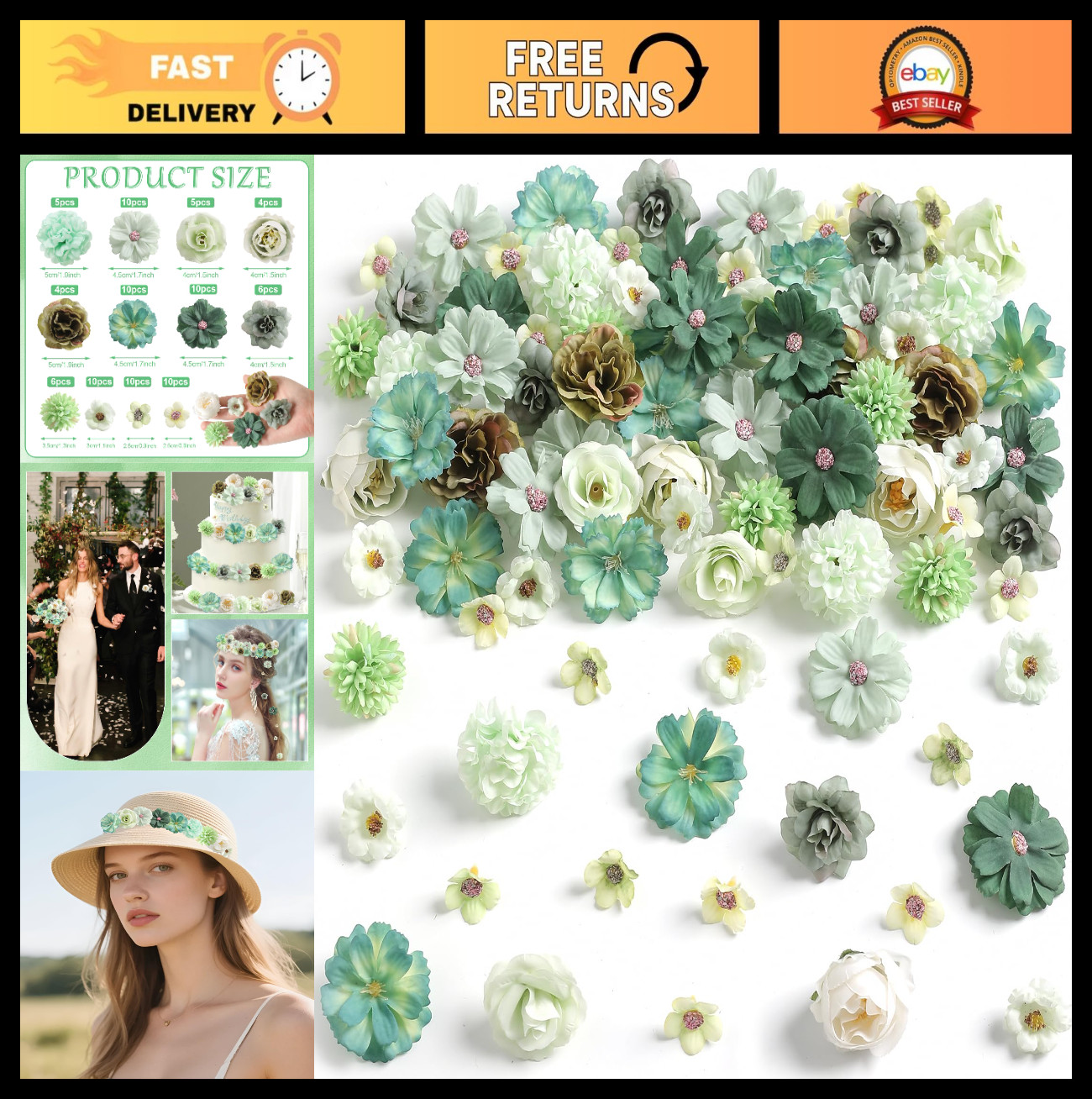 Mini Green Faux Flower Heads – Multicolor Silk Peony, Daisy & Rose for DIY Craft