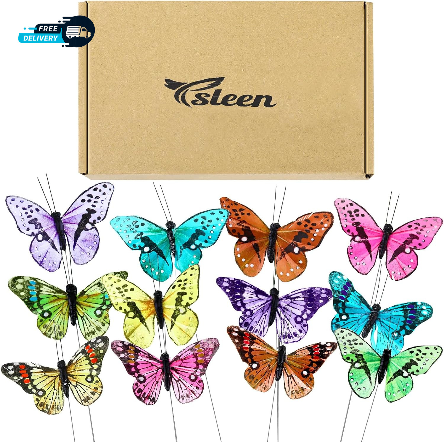 12 Set Monarch Butterfly Decoration Artificial Butterflie Feather Picks