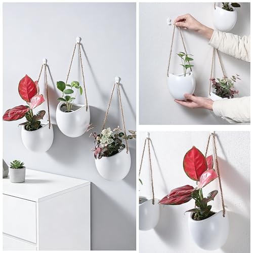 Ceramic Wall Planters with Hooks, Set of 3 Hanging Pocket Standard White