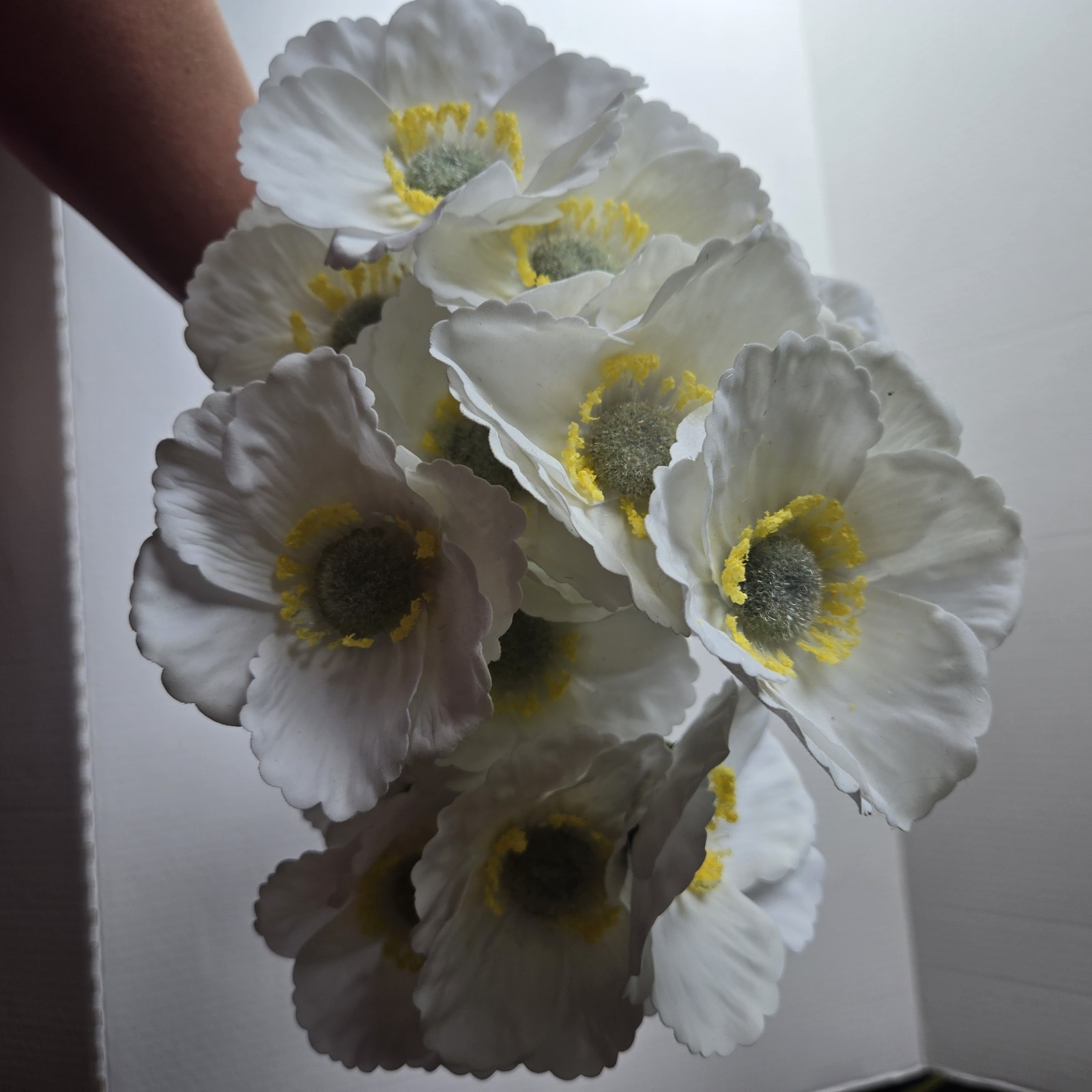 My Texas House Floral Stems, 4 Faux White Poppies w/yellow centers, Artificial