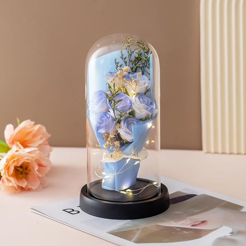 Preserved Artificial Flower Bouquet with Warm White in transparant Dome for C…