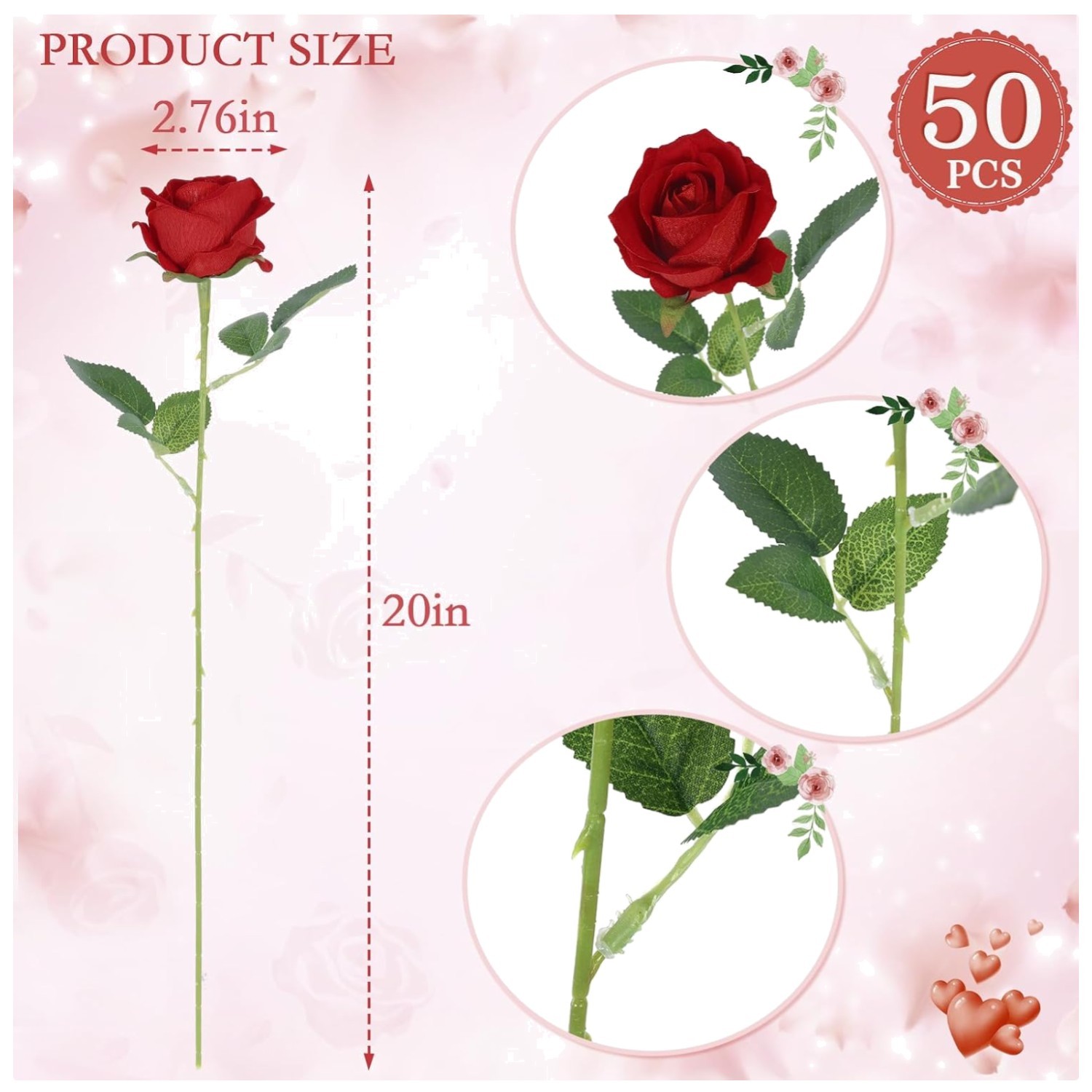 50 Pcs Artificial Roses in Bulk – Realistic Silk Flowers