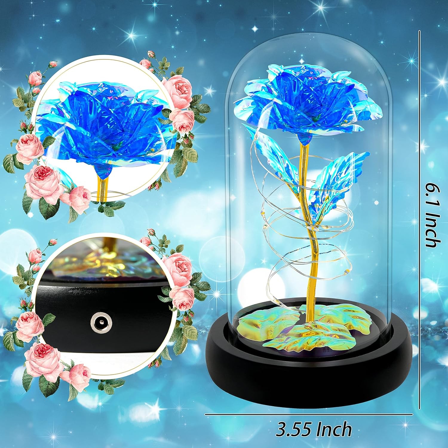 Blue Colorful Artificial Flower Rose Gift, Light up in Glass Dome, Women Gifts