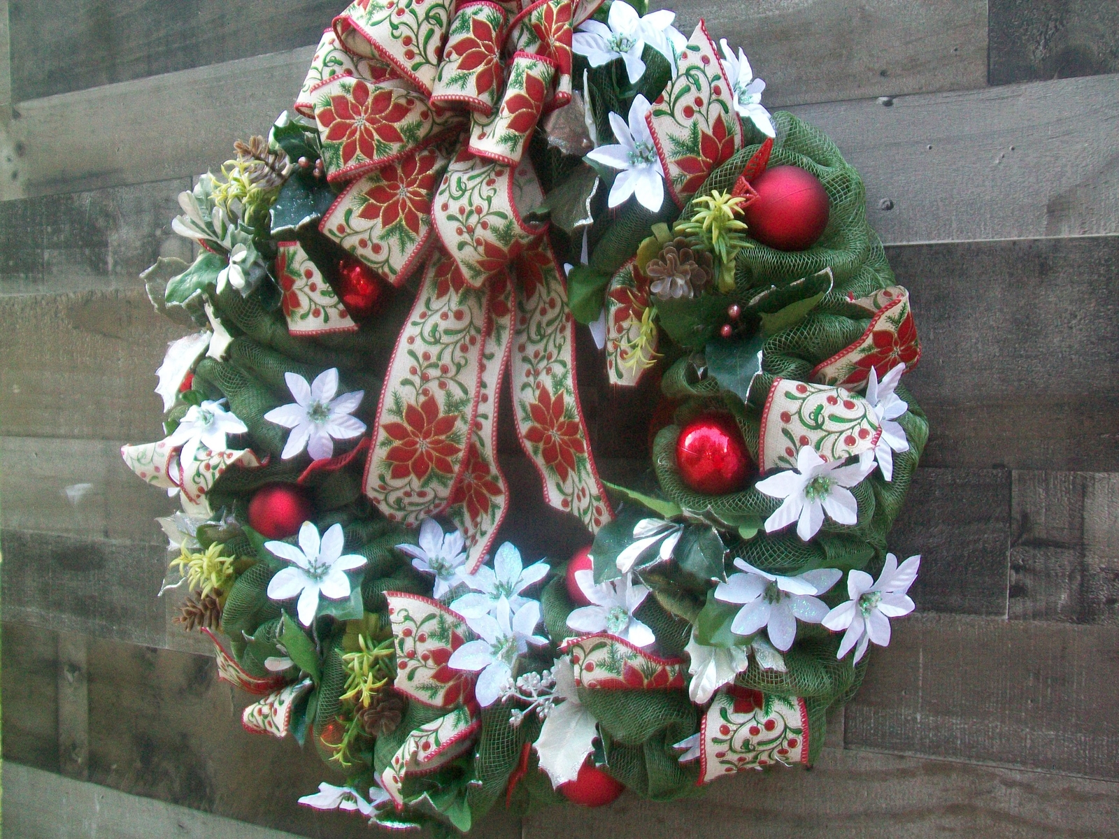 Christmas Olive Red White Poinsettia Mesh Wreath