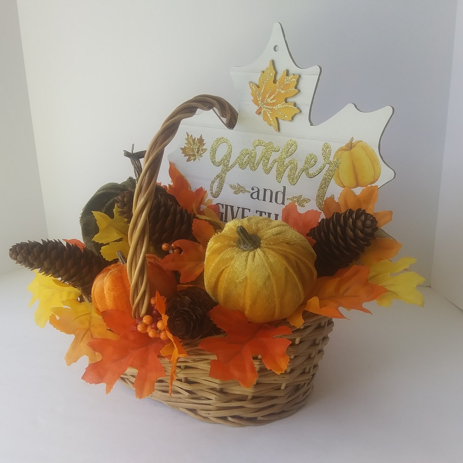 Fall Harvest Basket Centerpiece Gather & Give Thanks Pumpkins Pinecones Decor