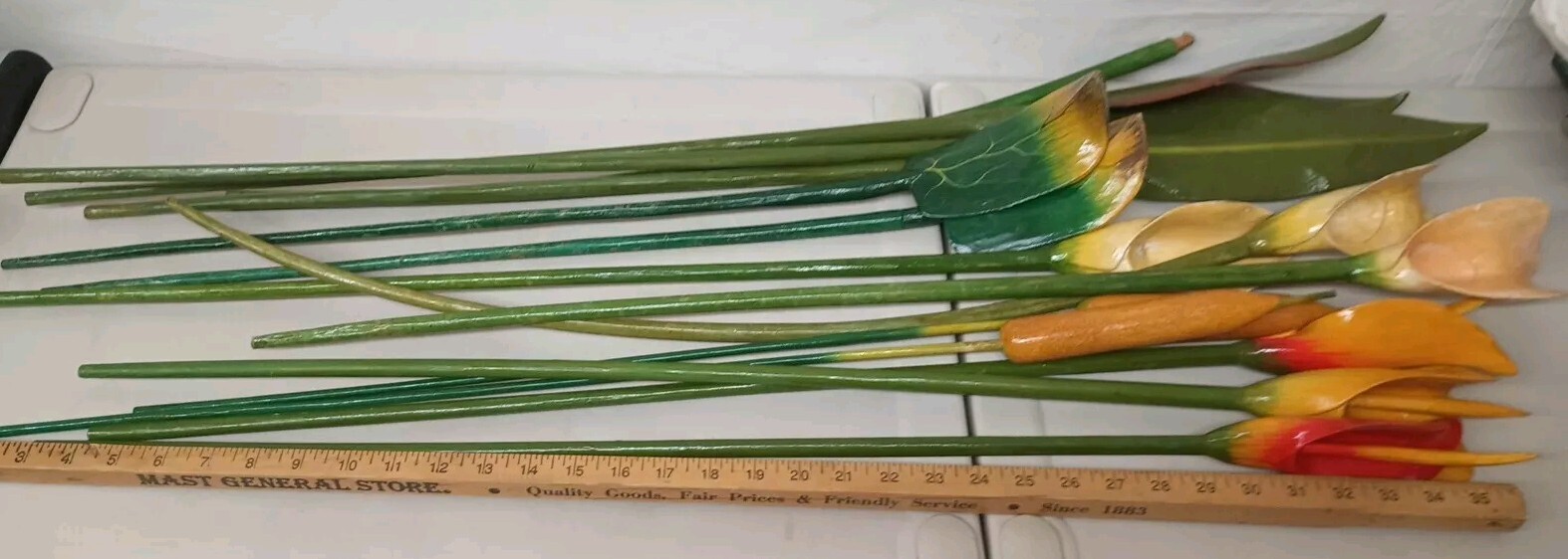 VTG Wood Tropical Flowers Long Stem 36″ Leaves Lot Of 13 Wooden Painted Carved