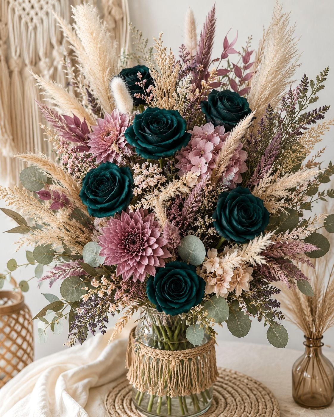 Set of 6 Dark Teal Green Artificial Rose Stems Peacock Teal Faux Roses Boho Wedd