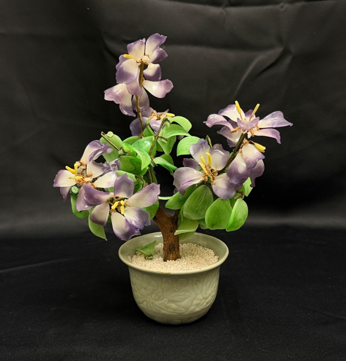 Vintage Jade & Glass Handmade Bonsai Tree Purple & White Flowers 11”