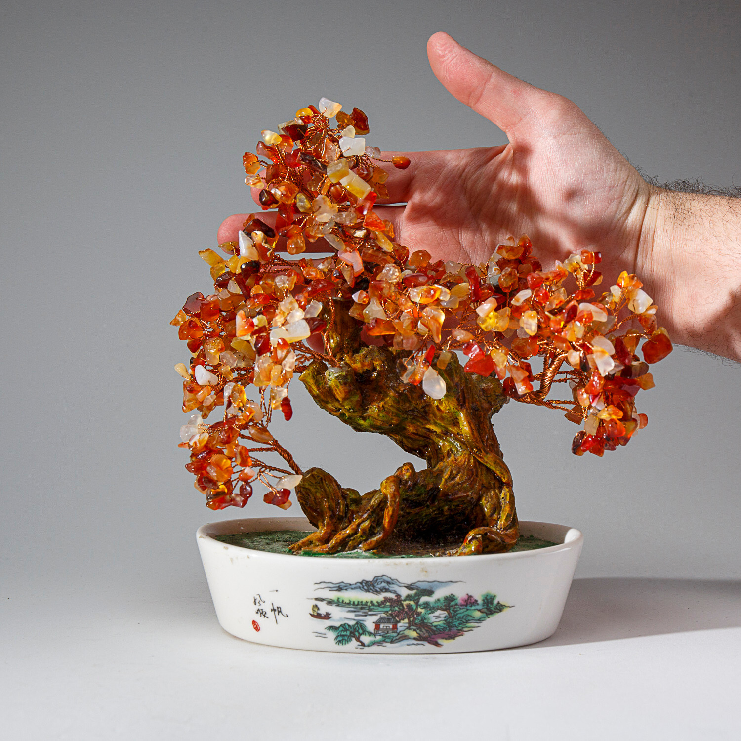 Genuine Carnelian Bonsai Gemstone Tree in Oval Ceramic Pot (9”)