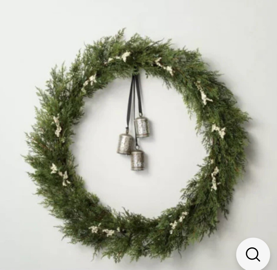 Hearth and Hand Magnolia 32” Faux Cedar Plant Wreath With Berries And Bells