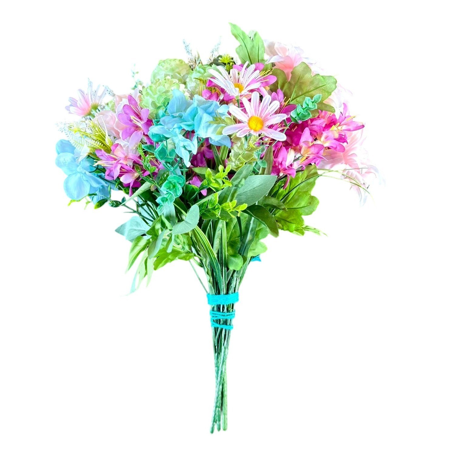Upcycled Handcrafted Artificial Floral Arrangement Blue Green Pink Flowers OOAK