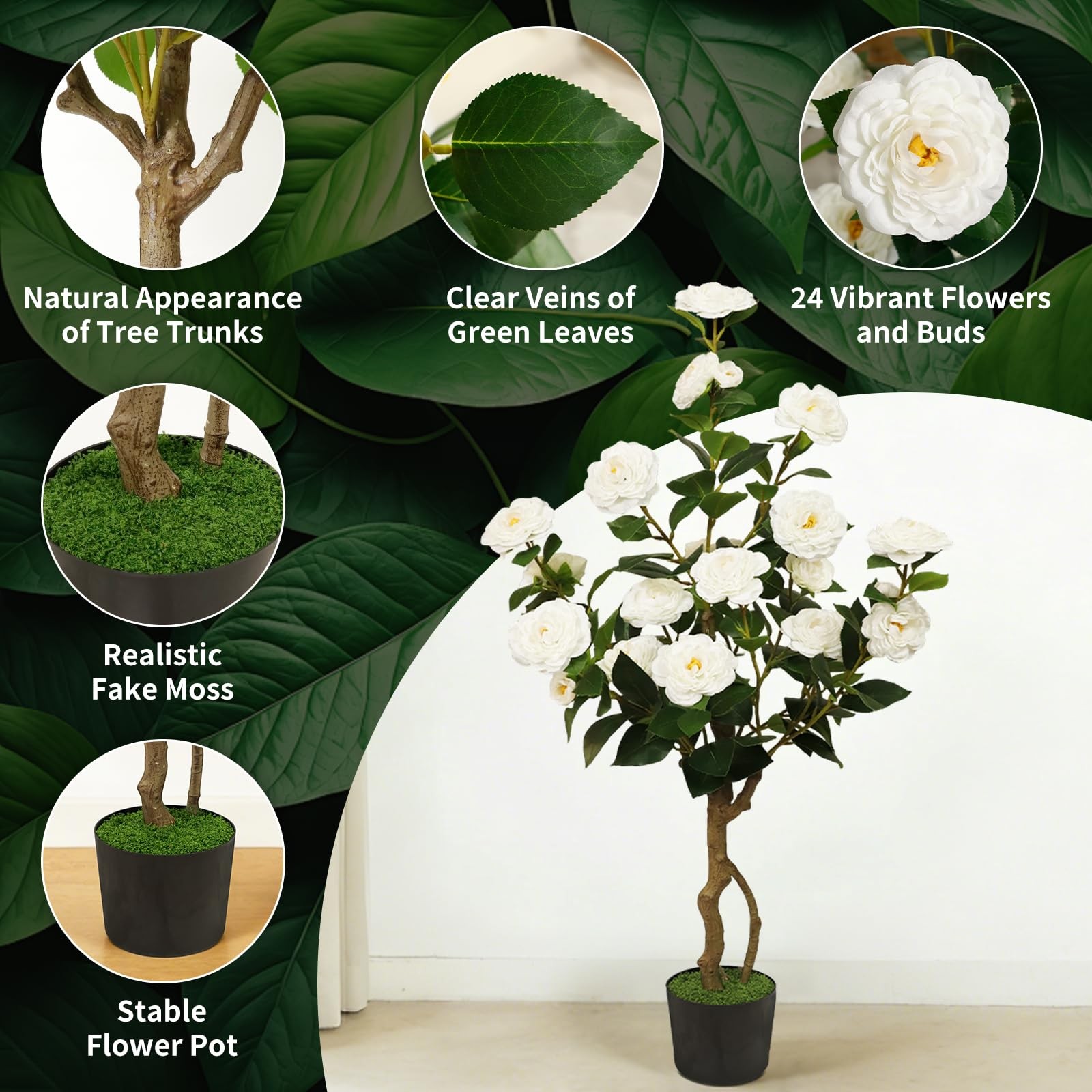 Best Artificial Camellia Tree 2 Pack, 42” Faux Plant in Pot with 24 Blooming