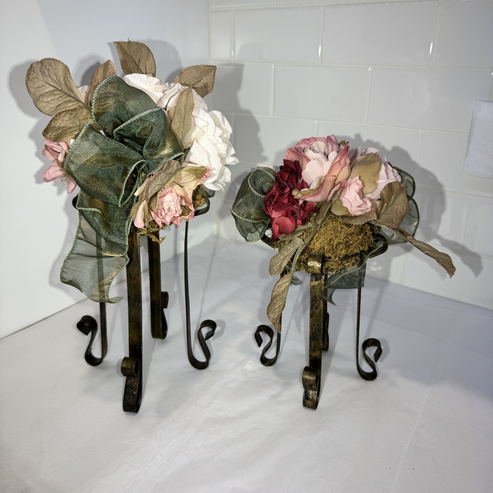 Artificial Pink/Dusty Rose/moss Flower FAUX Bouquet w Iron Legs Green Ribbon