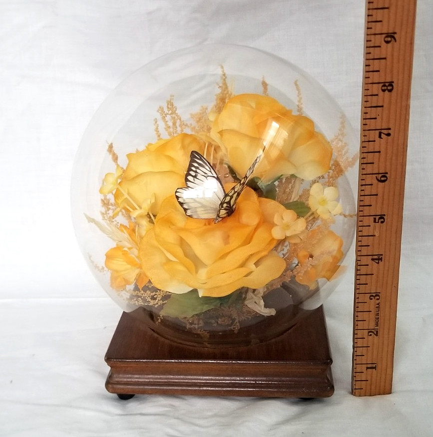 Butterfly & Yellow Rose Faux Flowers In Glass Dome Curio Display Globe 9″