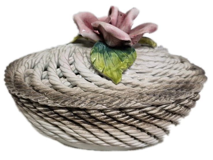 CAPODIMONTE ROSES Floral Basket Trinket Dish 6″x4.5″x4″ ITALY VTGNo Issues