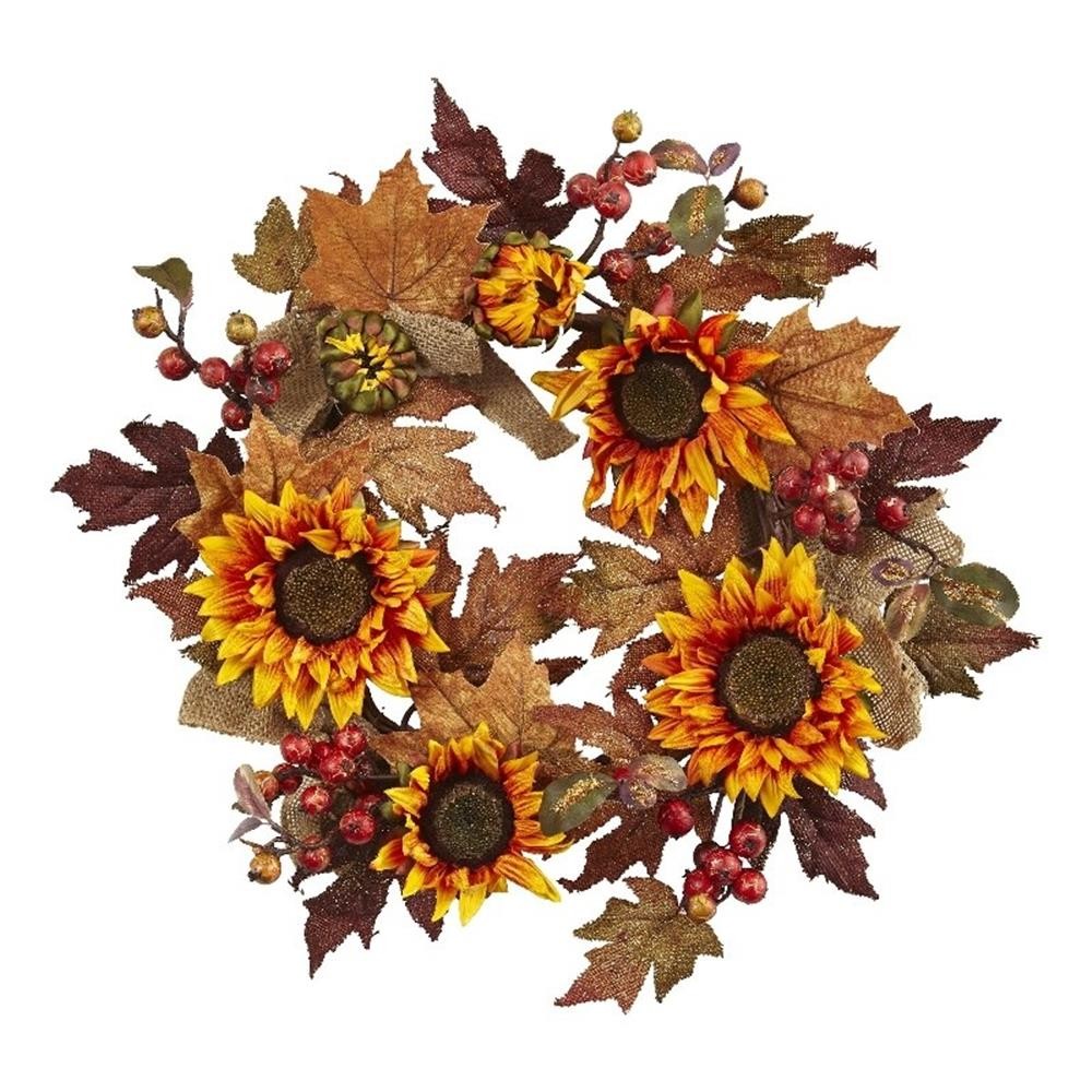 Nearly Natural 24″ Sunflower & Berry Wreath in Orange