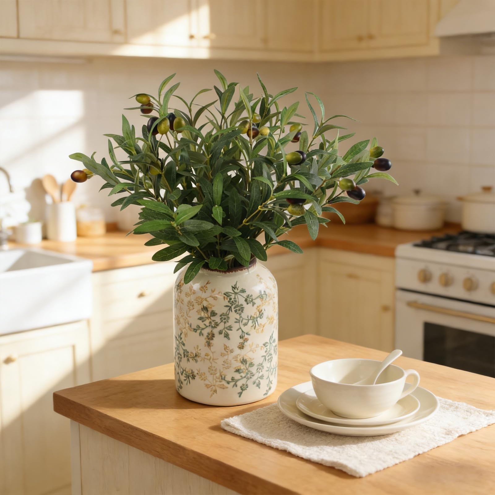 Artificial Olives Plants Stems for Vase, 4 Pcs Fake Greenery Olive Branches S…