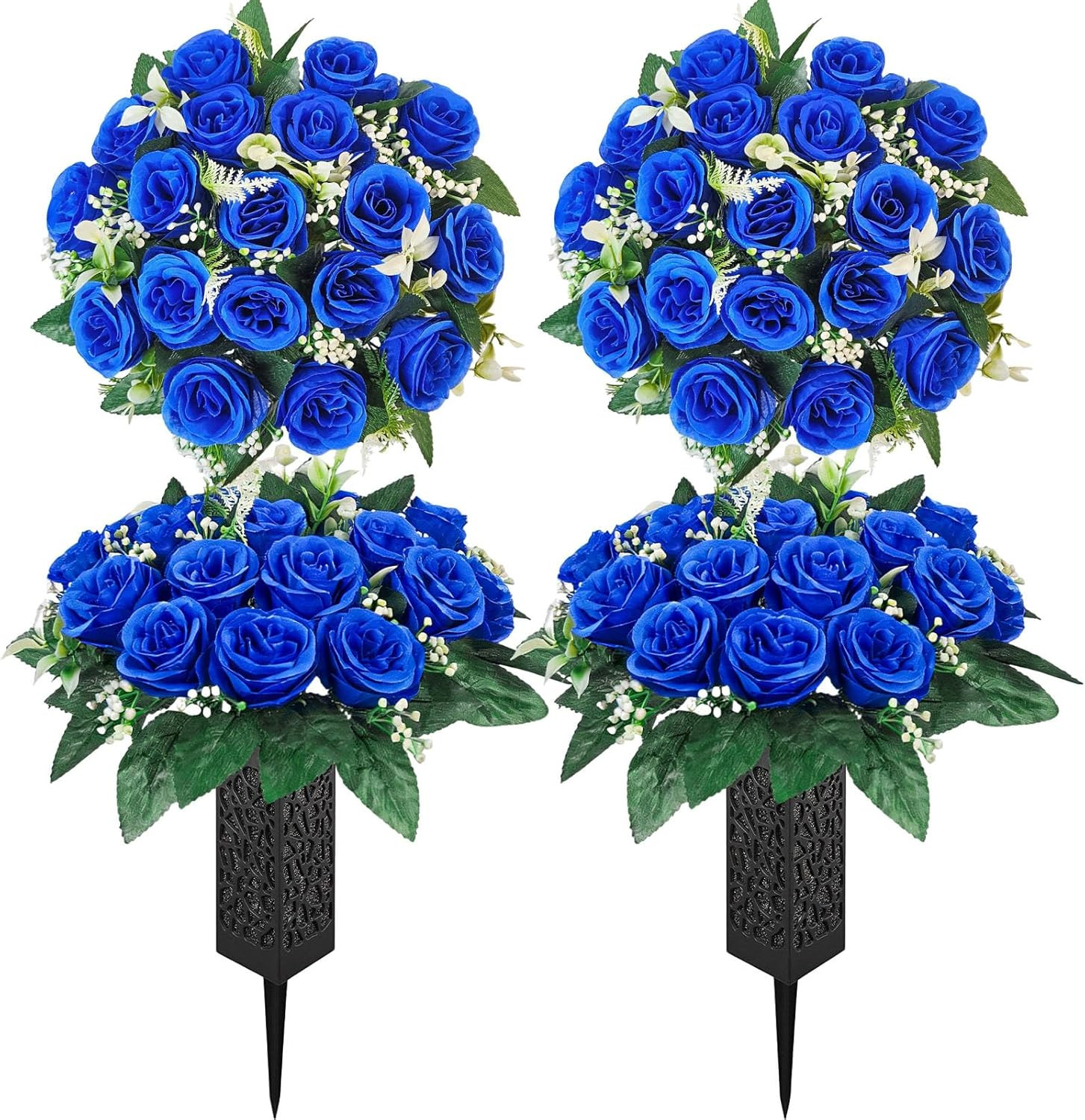 2 Pack Cemetery Flowers for Grave with Spiked Vases, 18-Stem Red Artificial Rose