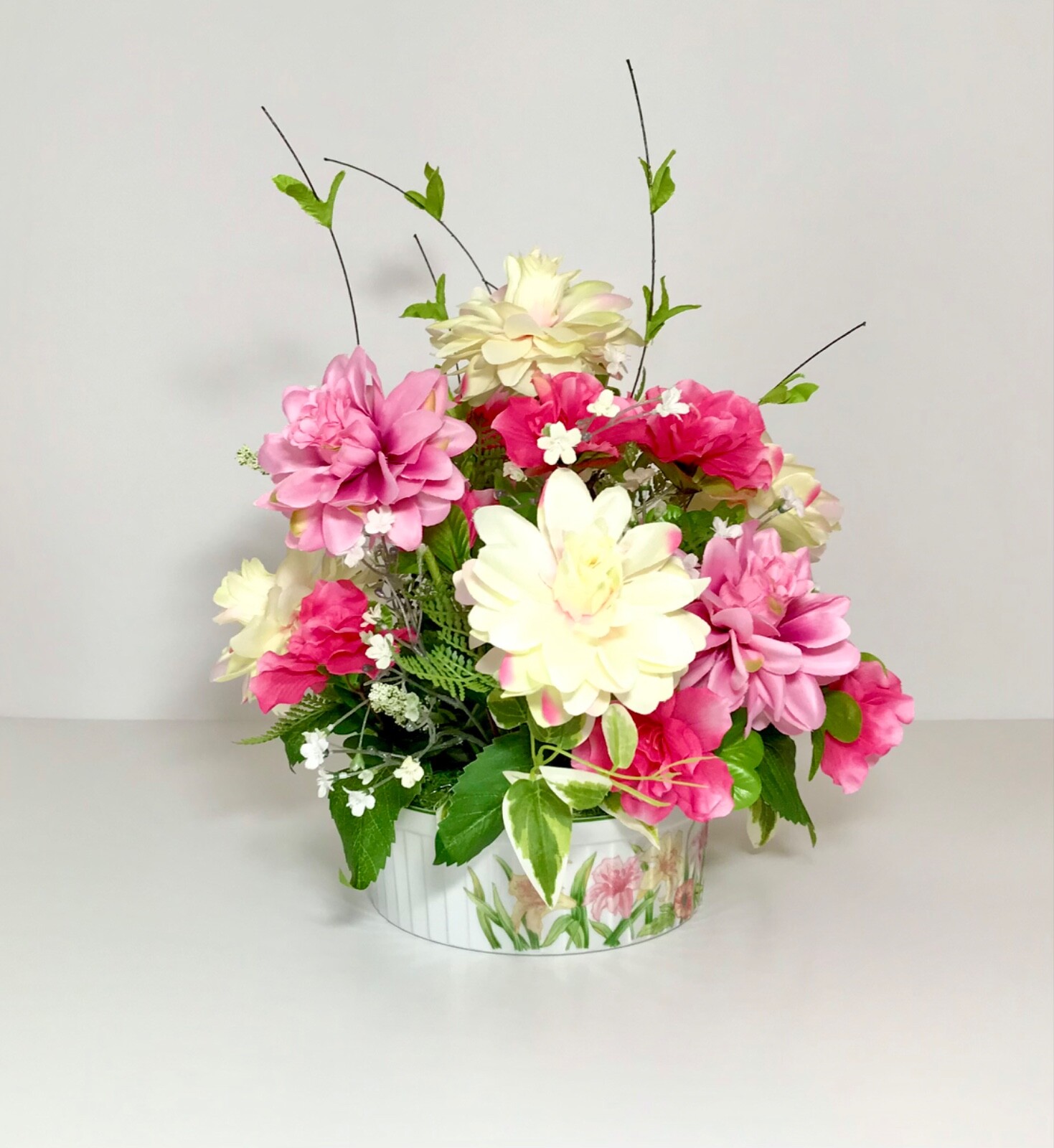 PINK WHITE CREAM FLOWERS ARRANGEMENT PORCELAIN VASE FLORAL CENTERPIECE GIFT NEW