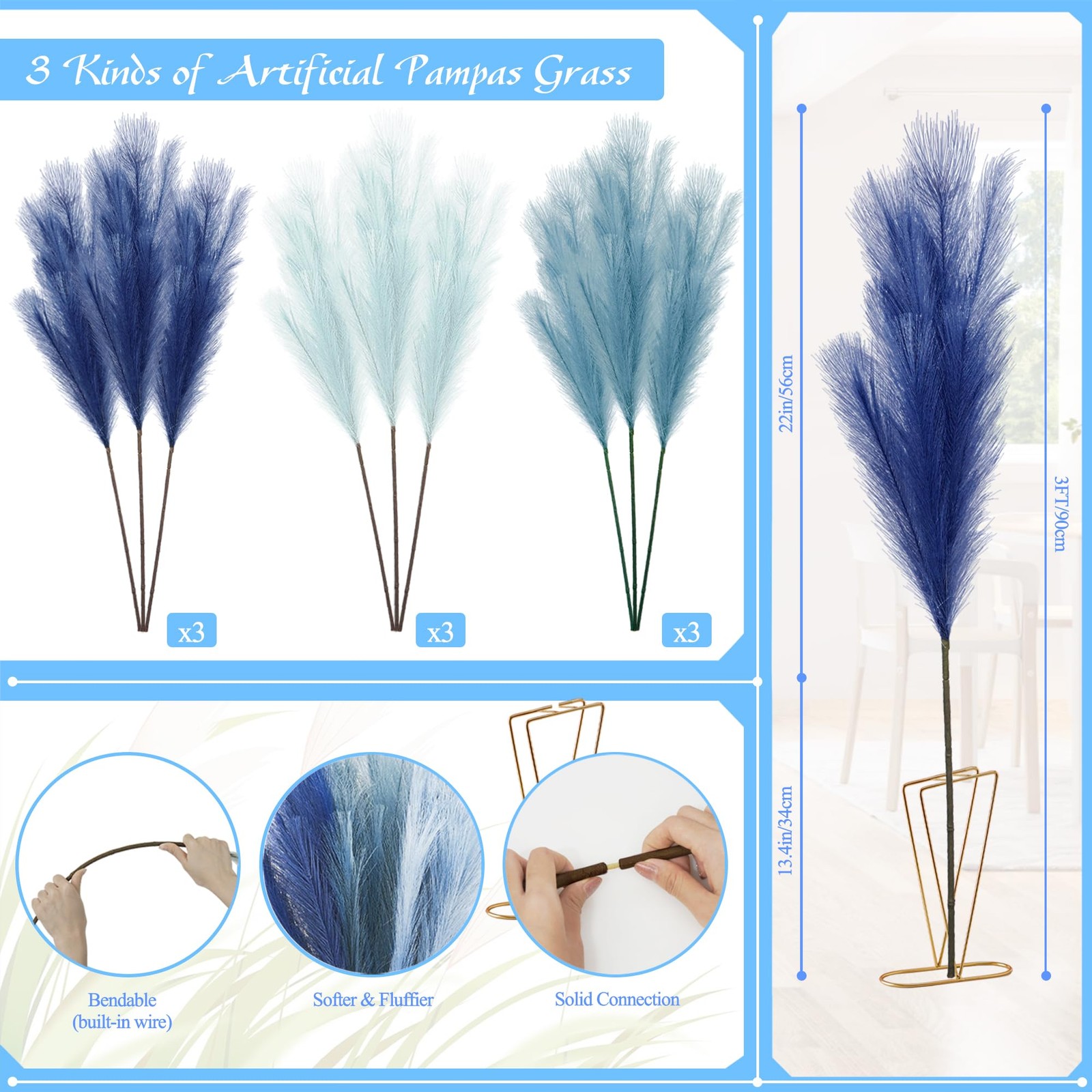 9Pcs 3FT Colorful Faux Pampas Grass for Boho Decor, Non-Shedding Fluffy Artif…