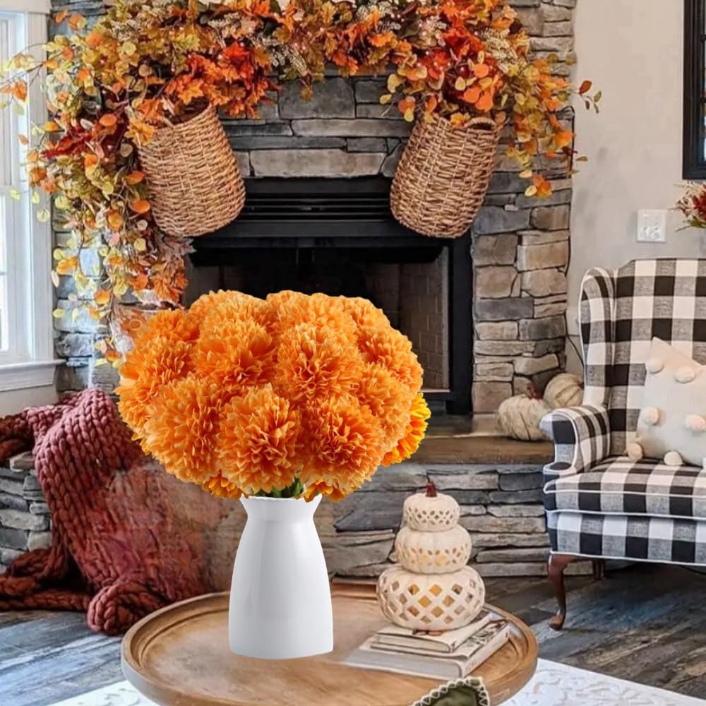 12 PCS Orange Artificial Silk Chrysanthemum Mums Fake Ball Flowers Decor