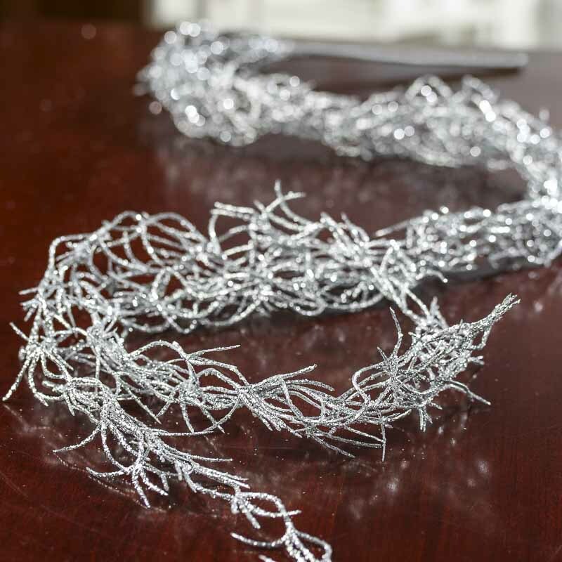 Metallic Silver Mica Glitter Covered Flowing Twig Garland
