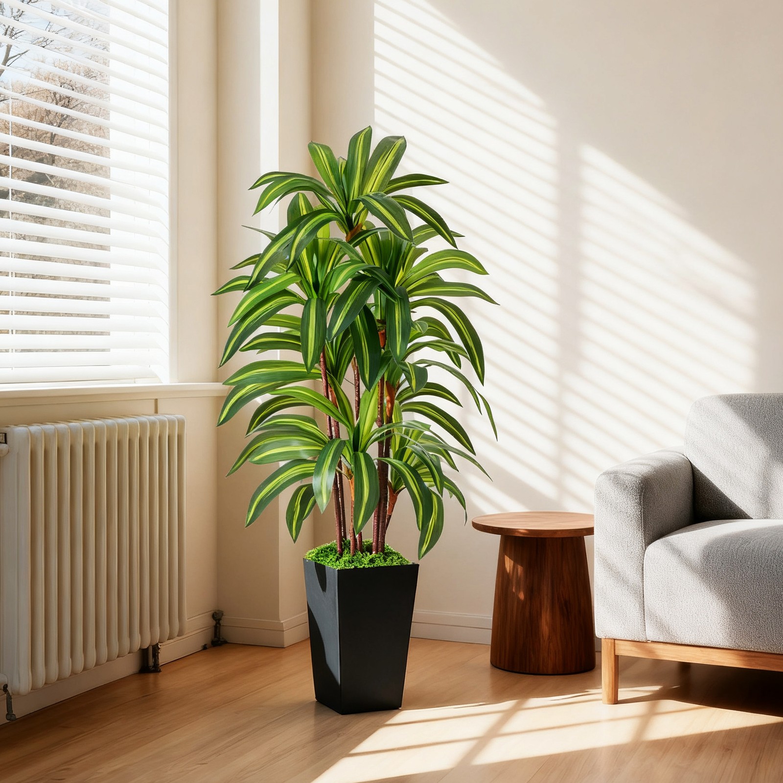 Artificial Dracaena Tree with Lights, 5Ft Fake Plants Black Tall Planter Indoor