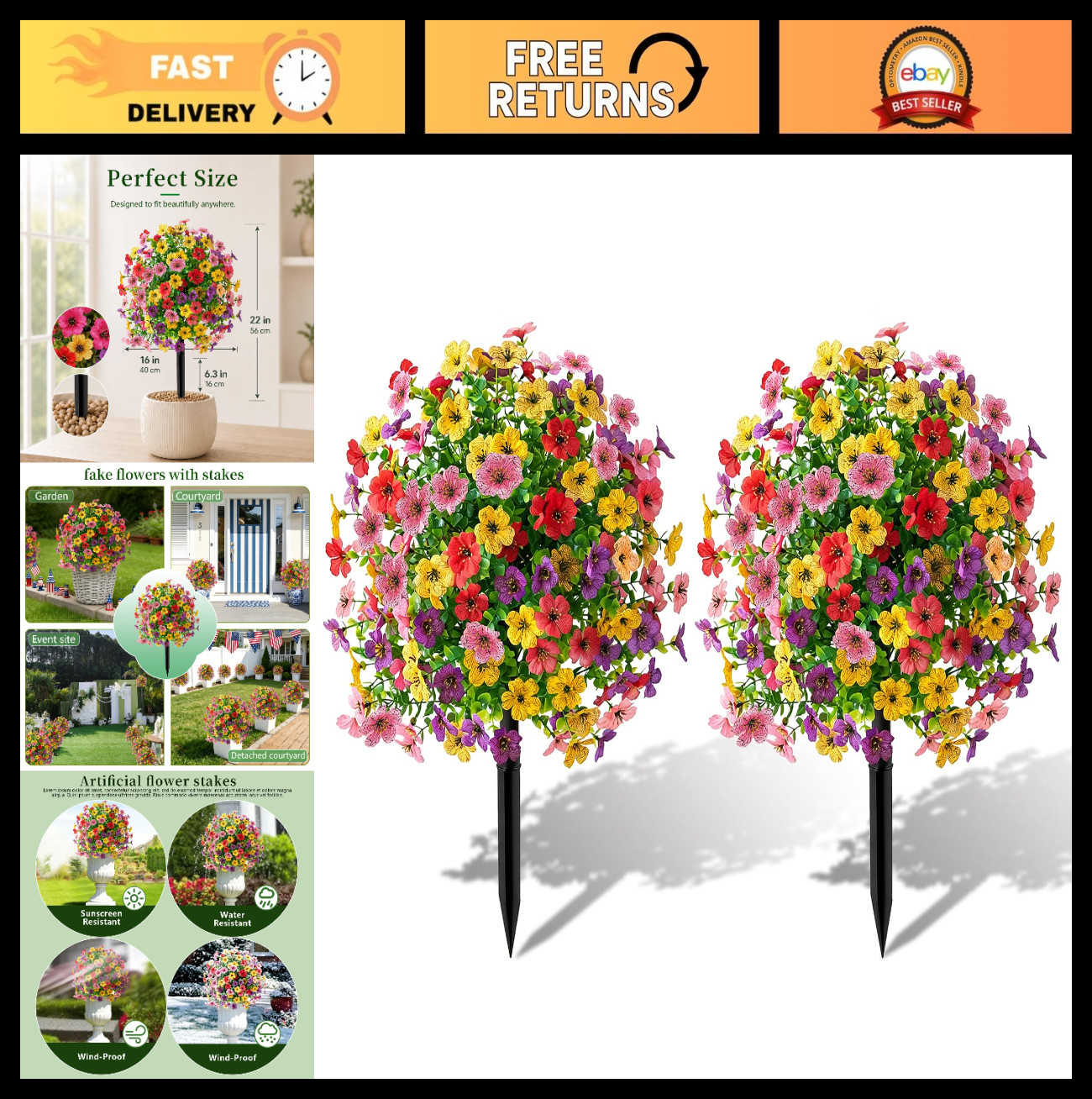 2-Pack 22″ UV-Resistant Petunias | Mixed Color Artificial Flowers with Stakes fo