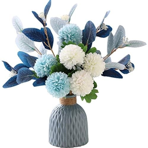 Artificial Flowers with Ceramic Vase Faux Hydrangea Flower Arrangements Blue