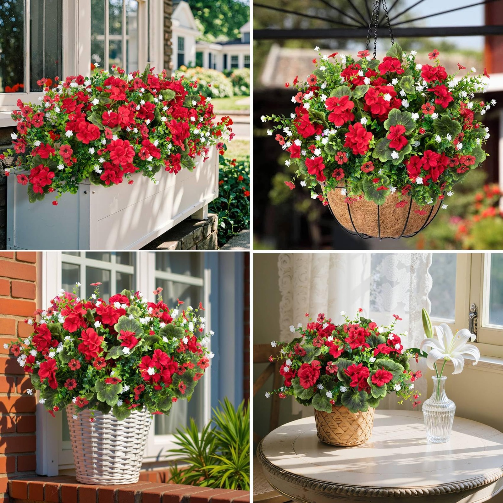 Ouddy Decor 18” Artificial Geraniums Flowers for Outdoors Decor, Large, Red