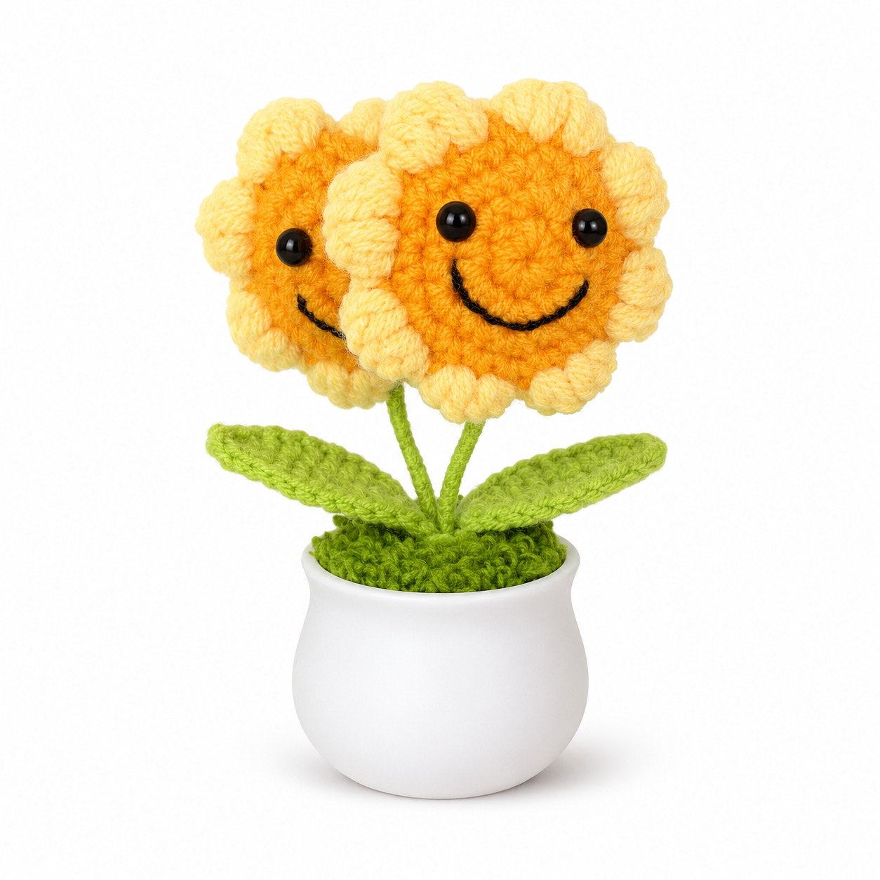Twin Smiling Sunflower Crochet Mini Potted Desk Shelf Decor