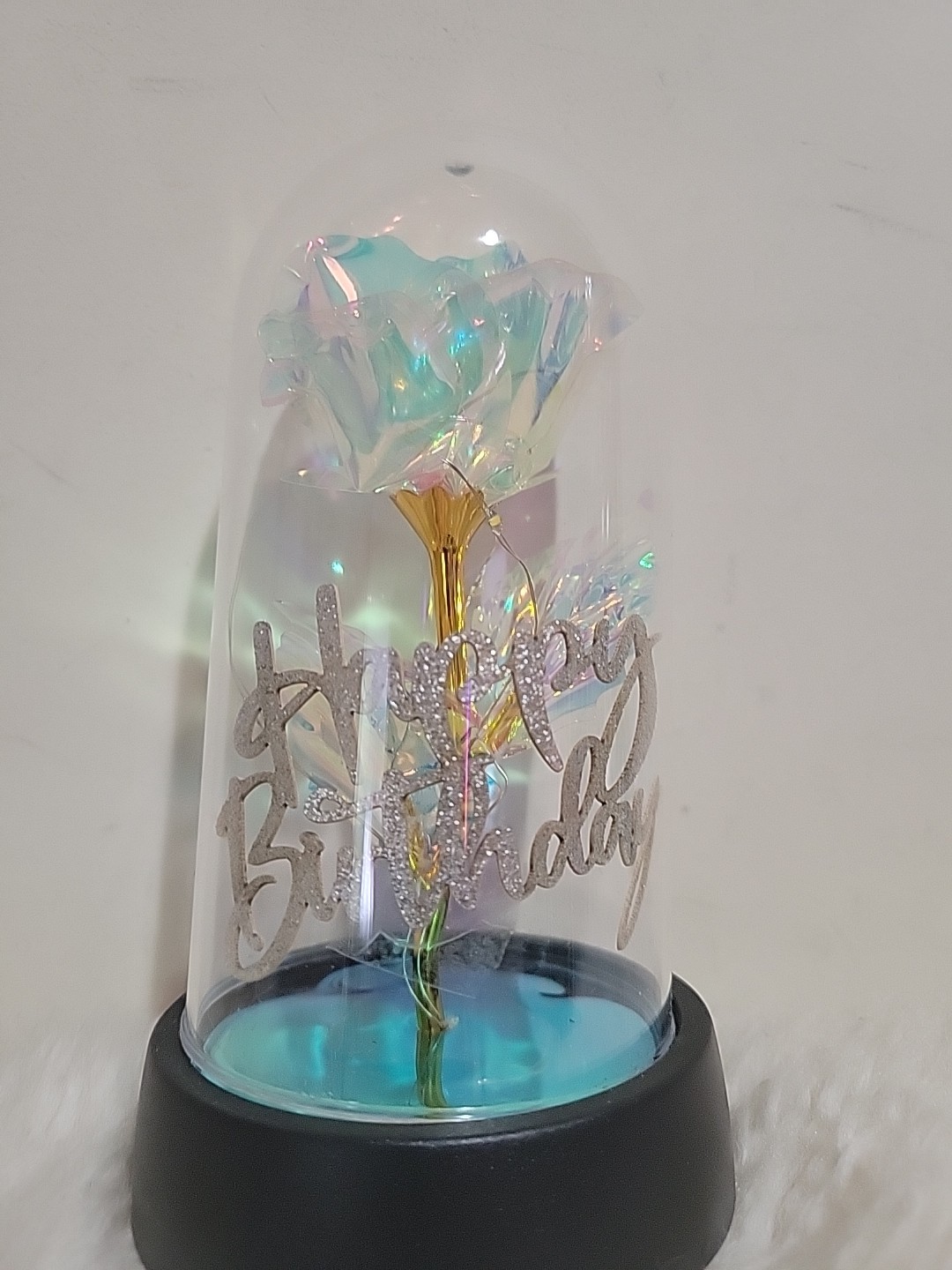 New With Box – Cryst Rose with LED Light In Dome Cover – Happy Birthday – White