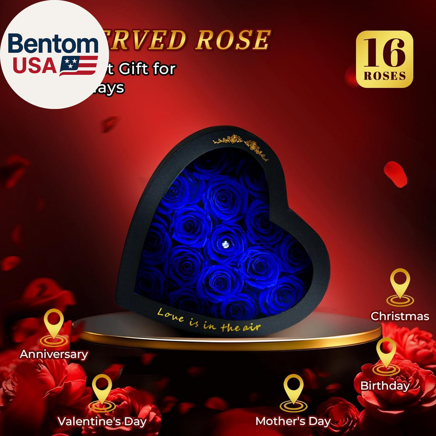 Forever Blue Roses in a Box Heart Shaped 16 Preserved Flowers for Delivery Grade