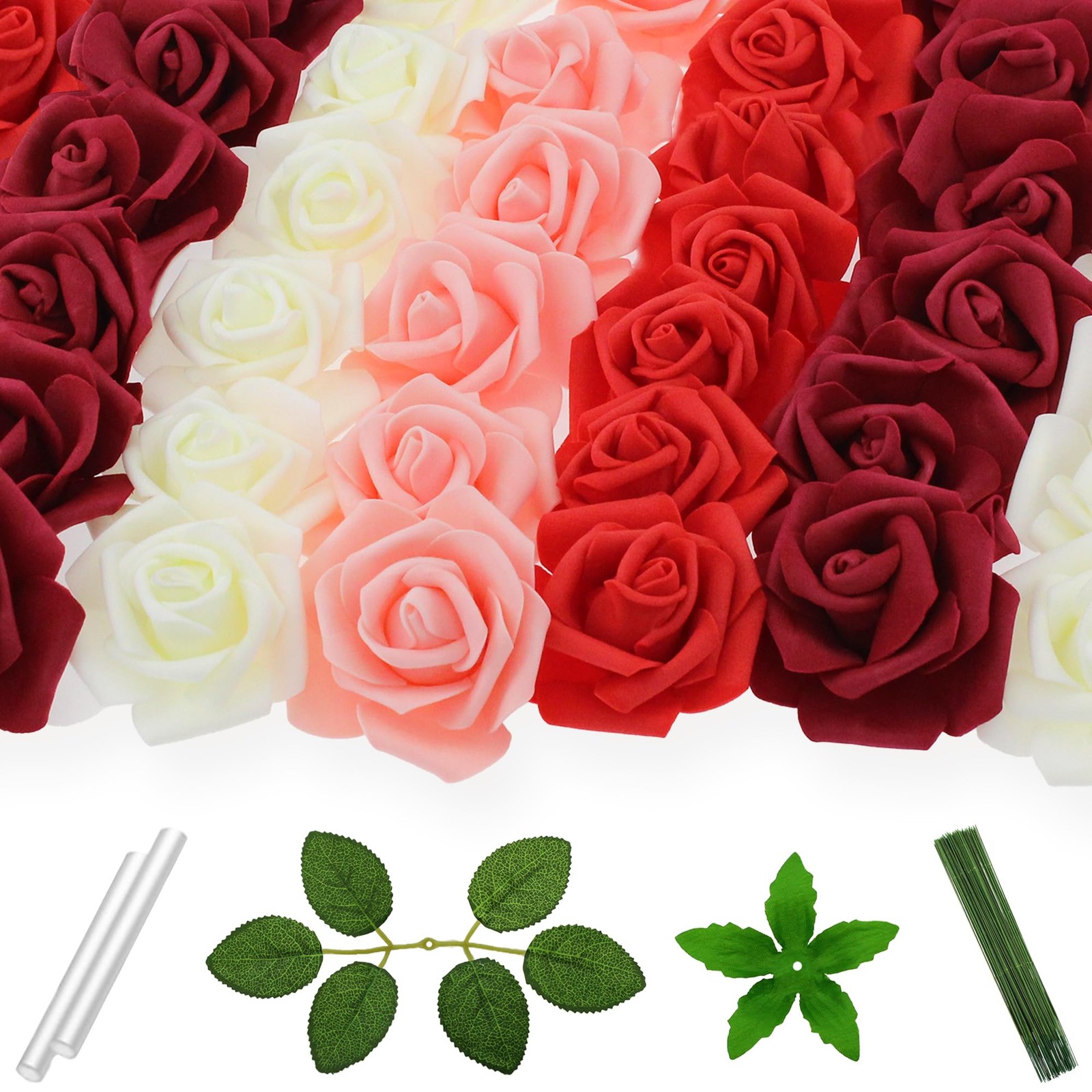 100 Pcs 3 Inch Artificial Flowers Bulk 5 in 1 Set Faux Foam Fake Rose Head We…