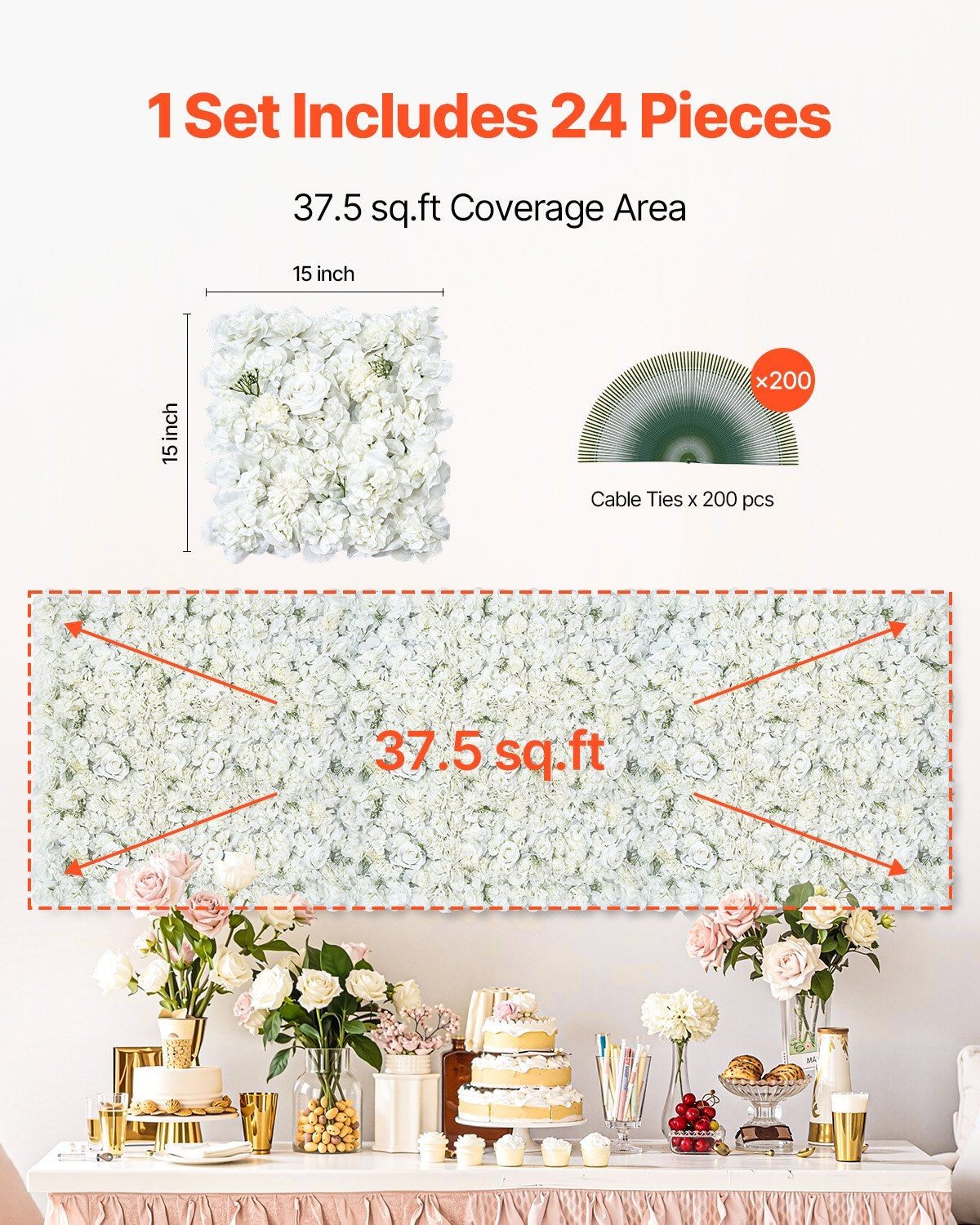 24PCS 15x15in 3D Artificial Flower Wall Panel Zip Tie Ready White